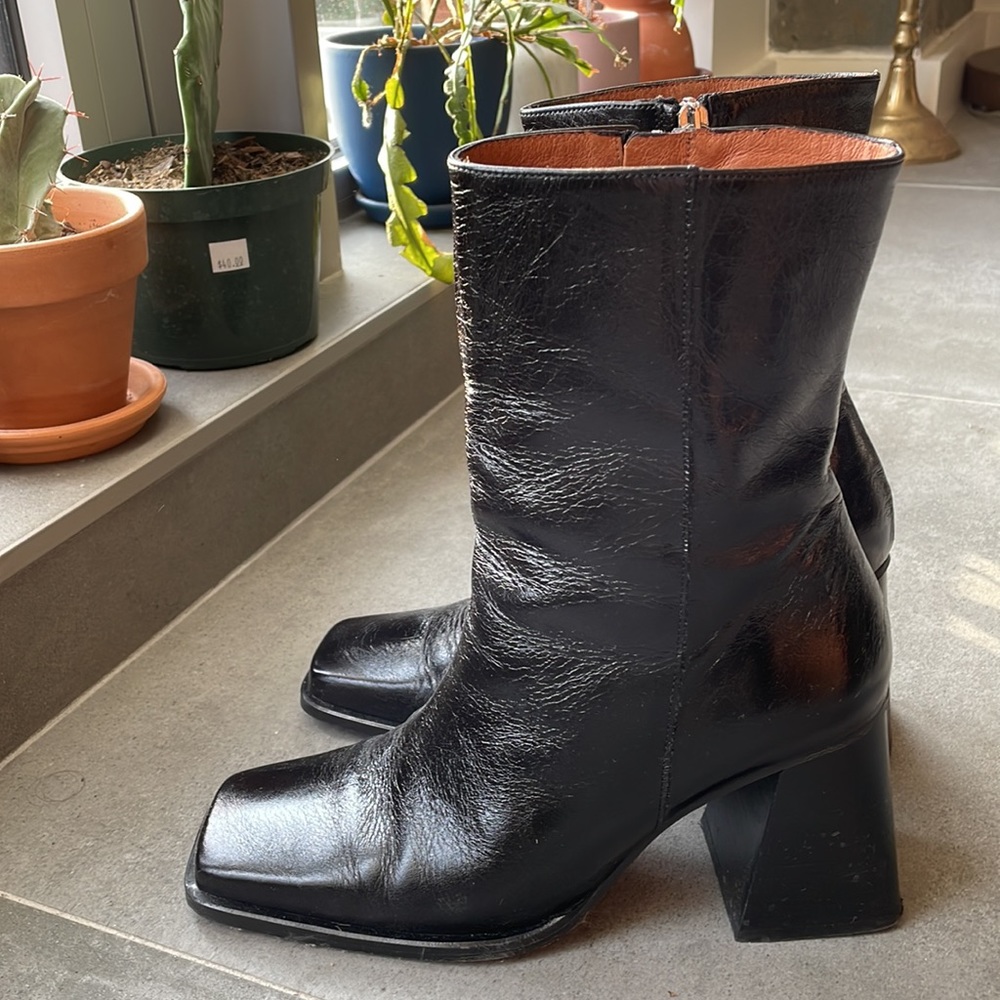 Black patent leather square toe boots